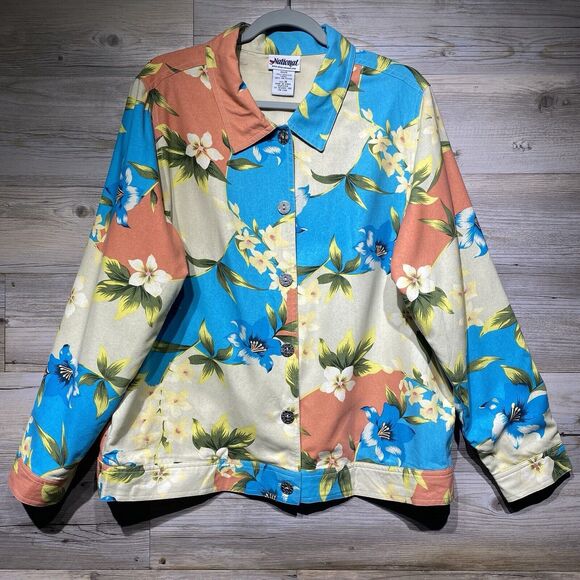 National Silk Jacket Size 1X Multicolor Tropical Floral Button Front Lightweight - Picture 1 of 9